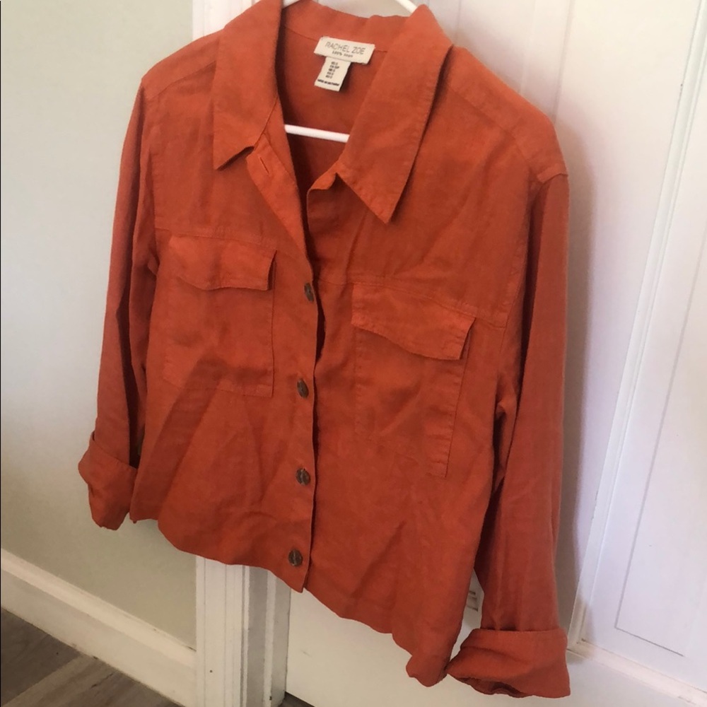 100% Linen Rachel Zoe Terracotta Orange Color Button Blouse Shirt SMALL
